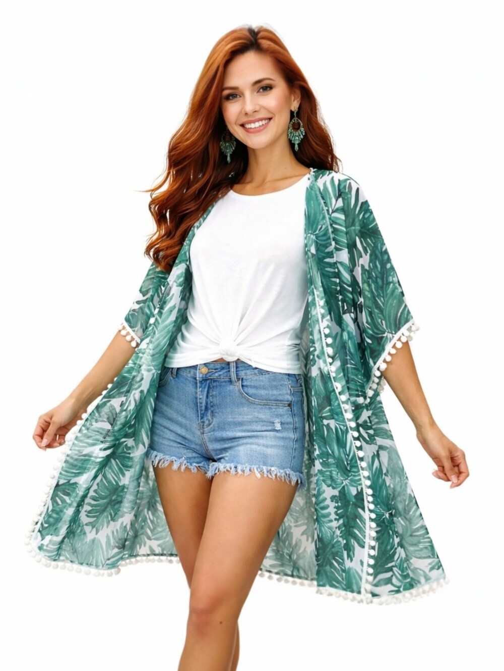 Bridesmaid Tropical Palm Leaf Kimono Beach Swim Cover-Up w/ Pom Pom Trim